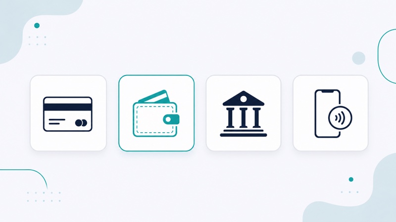 Illustration comparing several payment method icons including a bank transfer, a card and a voucher